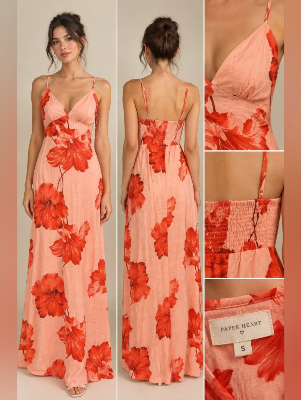 Paper Heart Linen Blend Peach Maxi Dress with Red Floral Print and Smocked Back